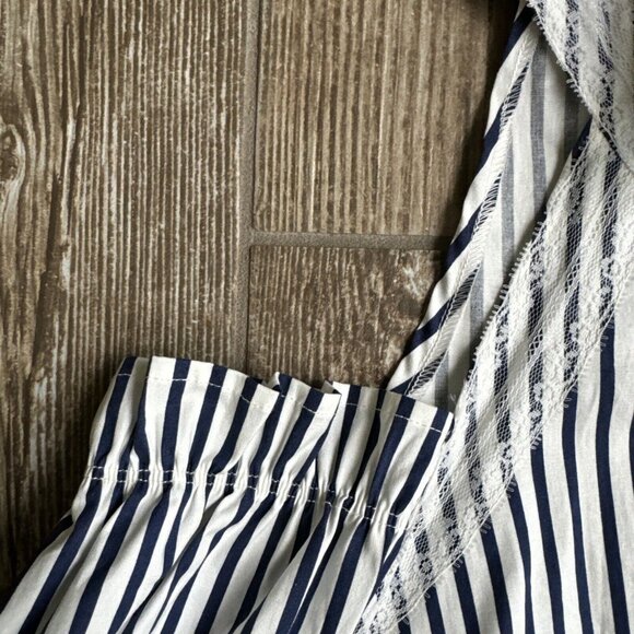 Walter Baker Womens Navy Striped Button Down Shirt M Cold Shoulder Lace Ruffle - Picture 7 of 11